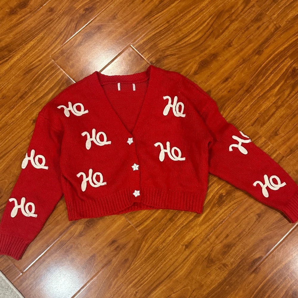 Womens Red Ho Ho Ho Holiday Cropped Cardigan Snowflake Button Knit Sweater